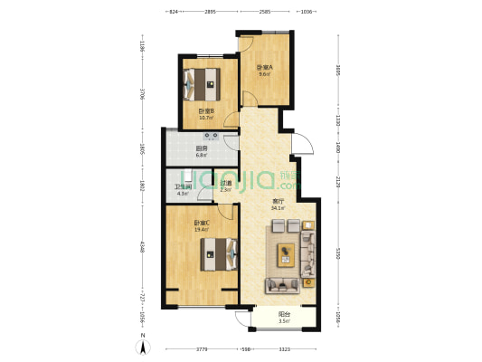 赵都新城缇香花舍 3室1厅1卫 115平方