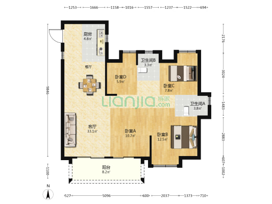 万科城市花园 4室1厅2卫 108平方