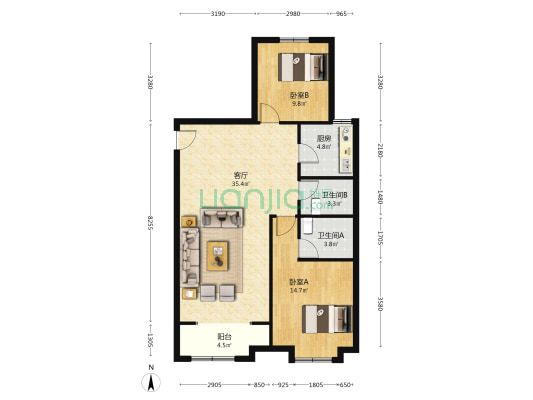 名望园 2室1厅2卫 108平方
