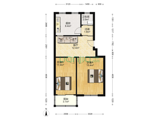 电厂家属区西住宅区 2室1厅1卫 57平方