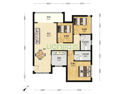 龙光玖云汇 3室1厅2卫 103平方