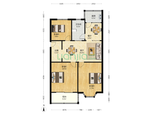 润佳花苑 3室2厅1卫 113平方