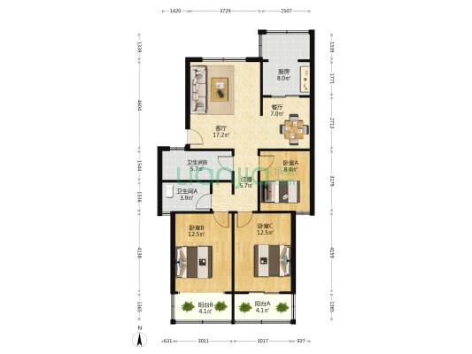 蓝湾小区 3室2厅2卫 108平方