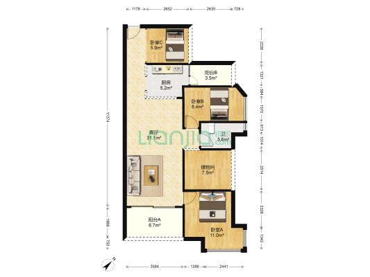 香缤一号 3室1厅1卫 119平方