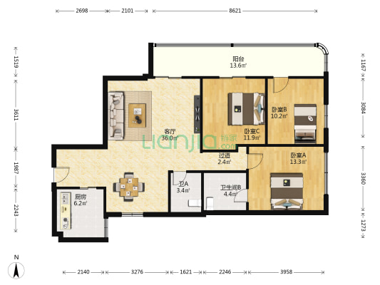 宇华大厦 3室1厅2卫 134平方