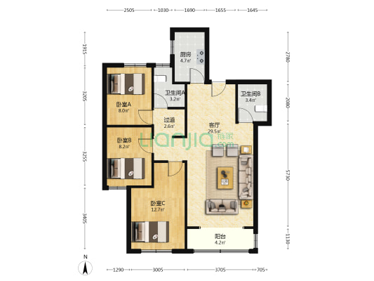 六合骏府 3室1厅2卫 110平方