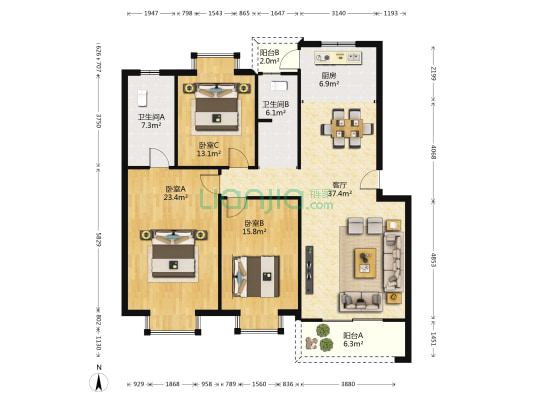 中天山语林居 3室1厅2卫 138平方