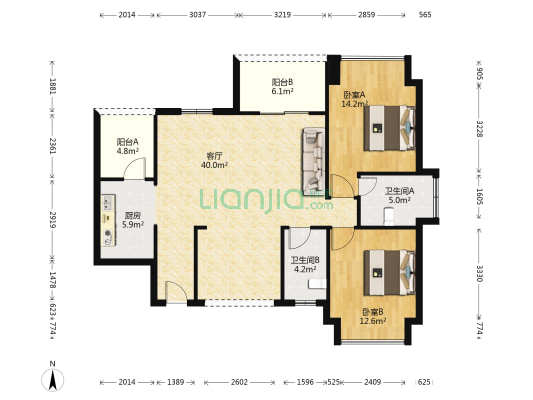 信鸿广场 2室1厅2卫 97平方