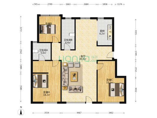 华润置地静安府 3室1厅2卫 140平方