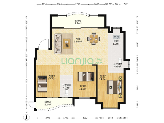 中联名城1区 3室1厅2卫 140平方