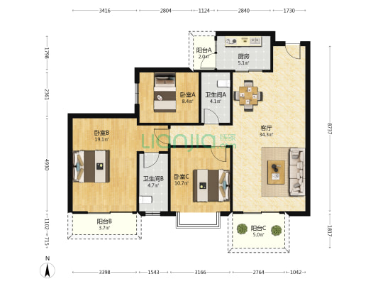 朗玥湖山 3室1厅2卫 122平方