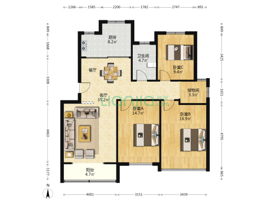西塘丽景 3室1厅1卫 122平方