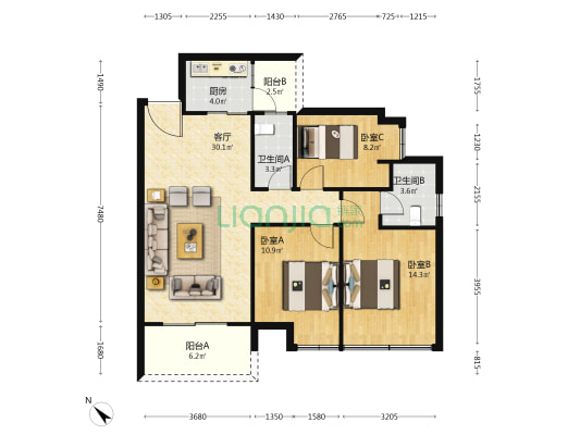 嘉悦名苑 3室1厅2卫 101平方