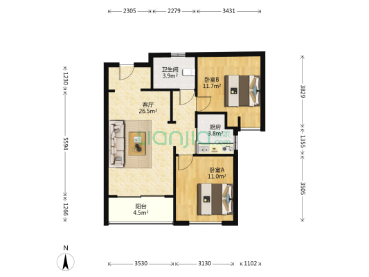 御滨园 2室1厅1卫 87平方