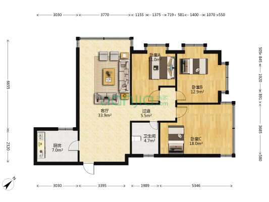 鼎华大厦 3室1厅1卫 129平方