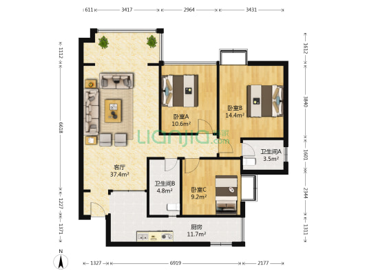 碧美恋城中央 3室1厅2卫 98平方