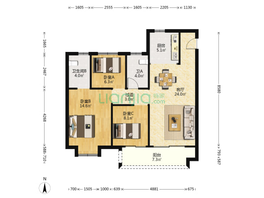 弘阳通银棠樾锦园 3室1厅2卫 106平方