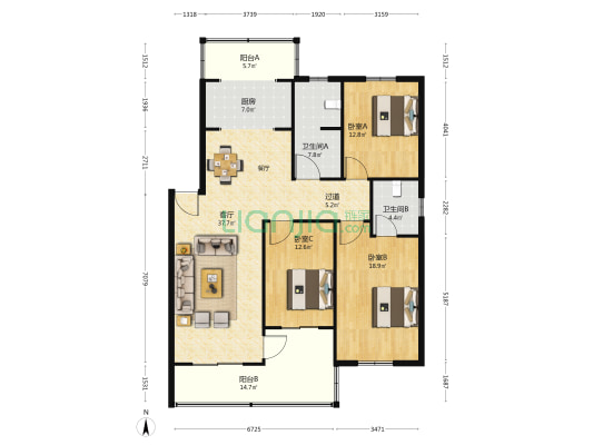 中意新都花园 3室1厅2卫 149平方