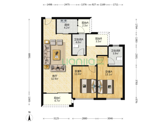 中洲半岛城邦 2室1厅2卫 95平方