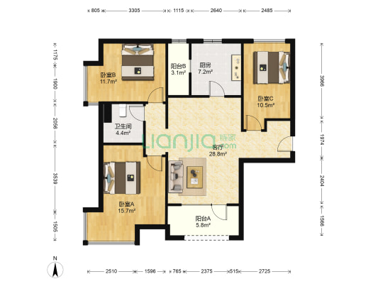 富力新城H14区 3室1厅1卫 108平方