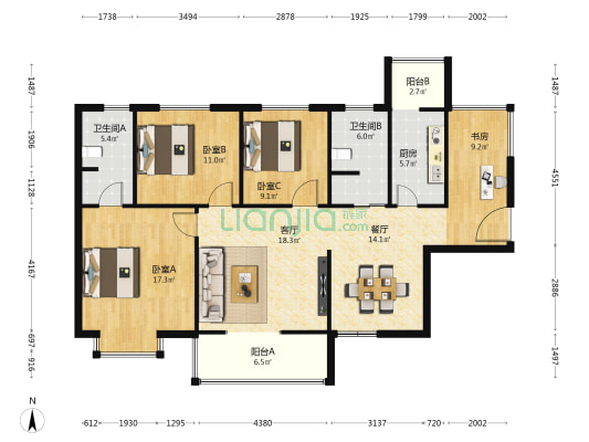 海纳汉唐御府 4室2厅2卫 137平方