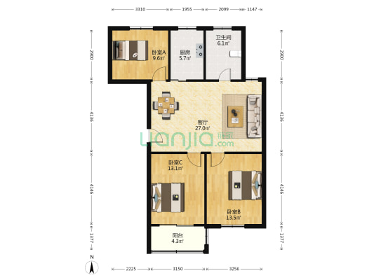 军民花苑 3室1厅1卫 99平方