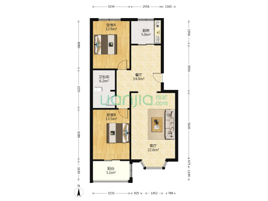 南北通透格局好，高楼层，集中供暖，配套齐全。-户型图