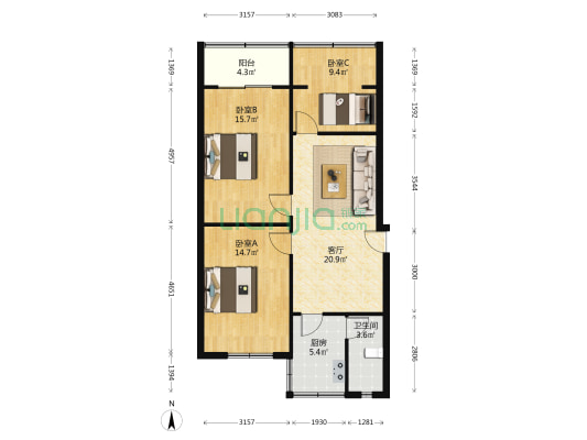 洛阳路27号 3室1厅1卫 81平方