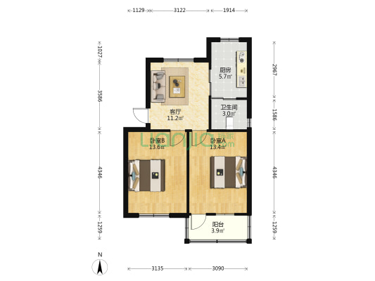 浙尘 2室1厅1卫 62平方
