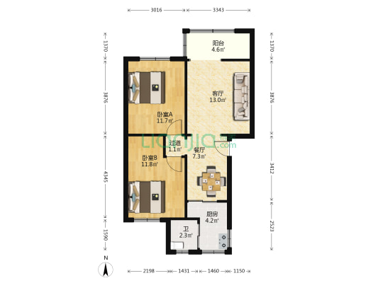 百花西路19号院 2室2厅1卫 63平方