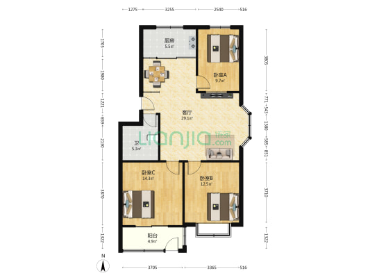 鸿旺花园 3室1厅1卫 102平方