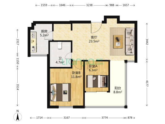 悦湖 2室1厅1卫 78平方