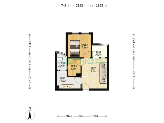 御鹿华轩 2室1厅1卫 45平方