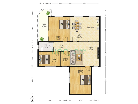 永发小区 3室2厅1卫 151平方