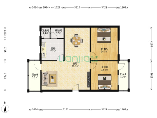 松风路 2室1厅2卫 93平方