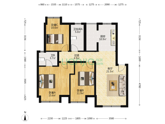 江安西二街58号 3室1厅2卫 110平方