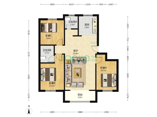 润唐瑞府 3室1厅2卫 114平方