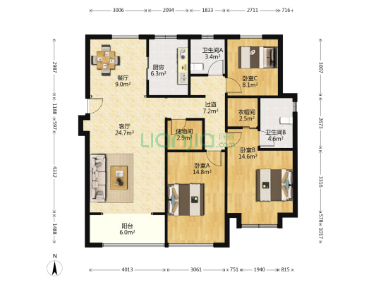 融创都会中心 3室2厅2卫 141平方