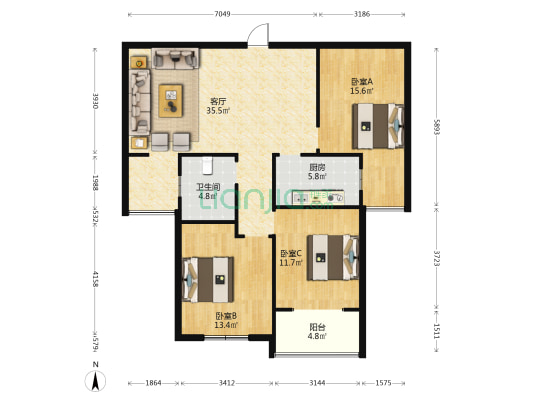 项城市天顺人和庄园 3室1厅1卫 117平方