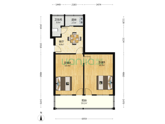 宁海中路6号 2室1厅1卫 68平方
