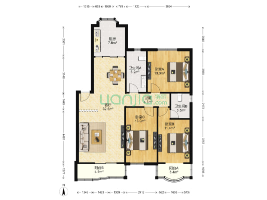 雅荷城市花园 3室1厅2卫 116平方