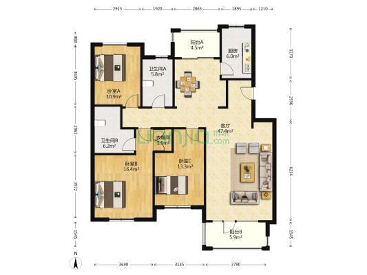 桂花园南区 3室1厅2卫 143平方