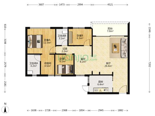 怡东阁 3室2厅2卫 117平方