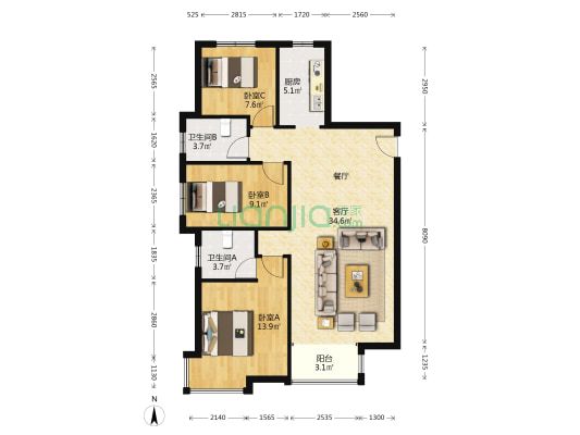 北岸印象 3室1厅2卫 123平方