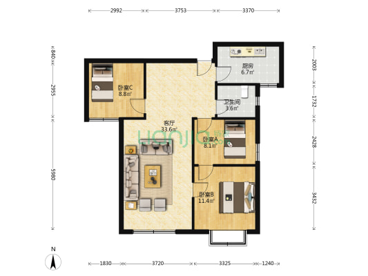 公园壹号 3室1厅1卫 95平方