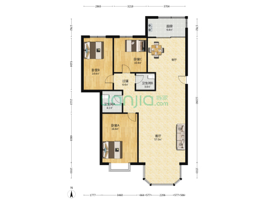 天合花园 3室1厅2卫 148平方