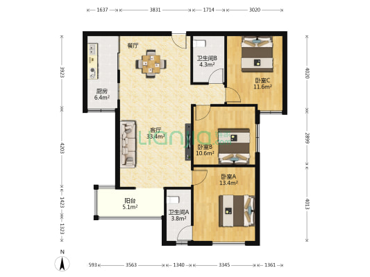 金源皇家园林 3室1厅2卫 126平方