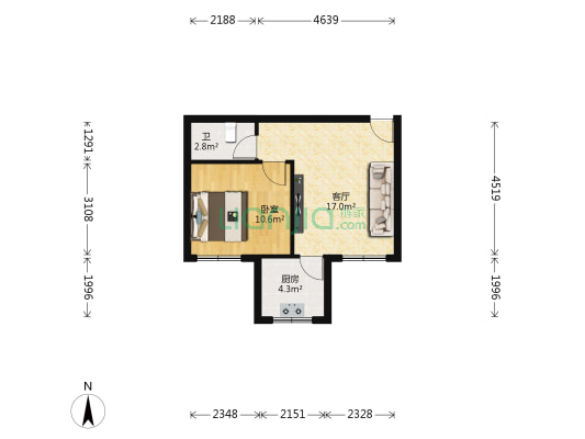 银龙小区宏达园 1室1厅1卫 45平方