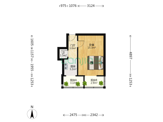 煤建三厂宿舍楼 1室0厅1卫 34平方
