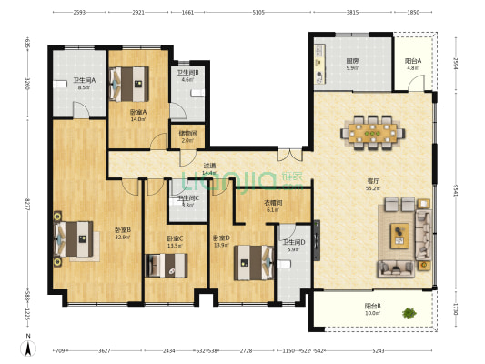 龙湖·舜山府 4室1厅4卫 241平方
